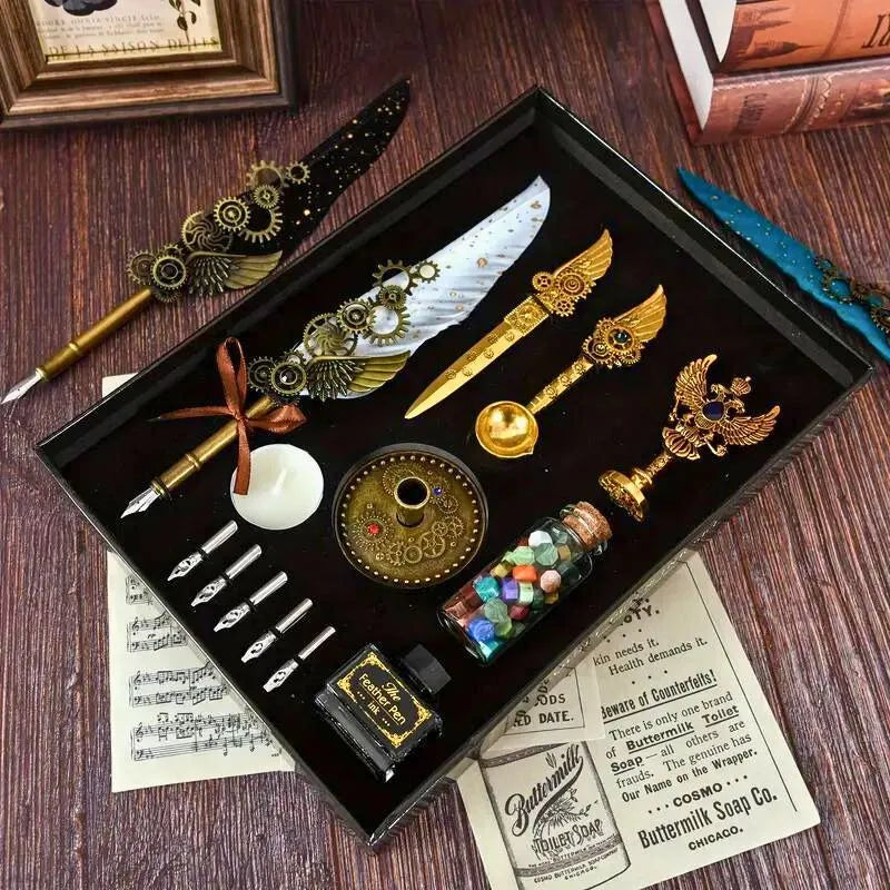 Elegancki zestaw do pisania z bialym piorem i vintage akcesoriami