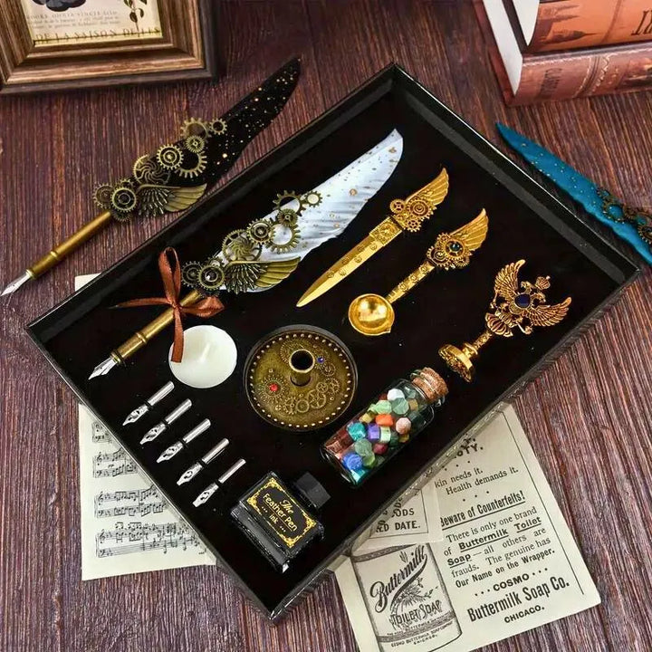 Elegancki zestaw do pisania z bialym piorem i vintage akcesoriami
