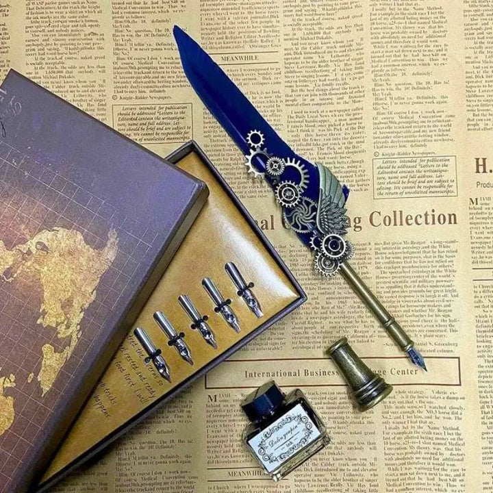 Zestaw Kaligraficzny Vintage Z Piórem Niebieskim I Akcesoriami