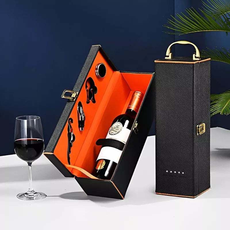 Pudełko na wino Deluxe na 1 butelkę z akcesoriami w zestawie wnętrze pomarańczowe