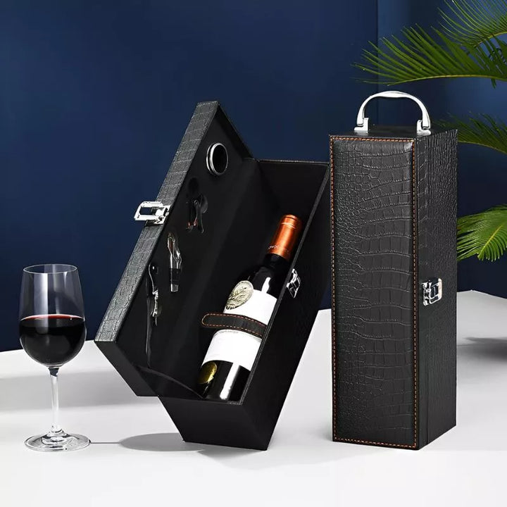 Luksusowa skrzynka na wino 1 butelka z akcesoriami skóra ekologiczna krokodyl