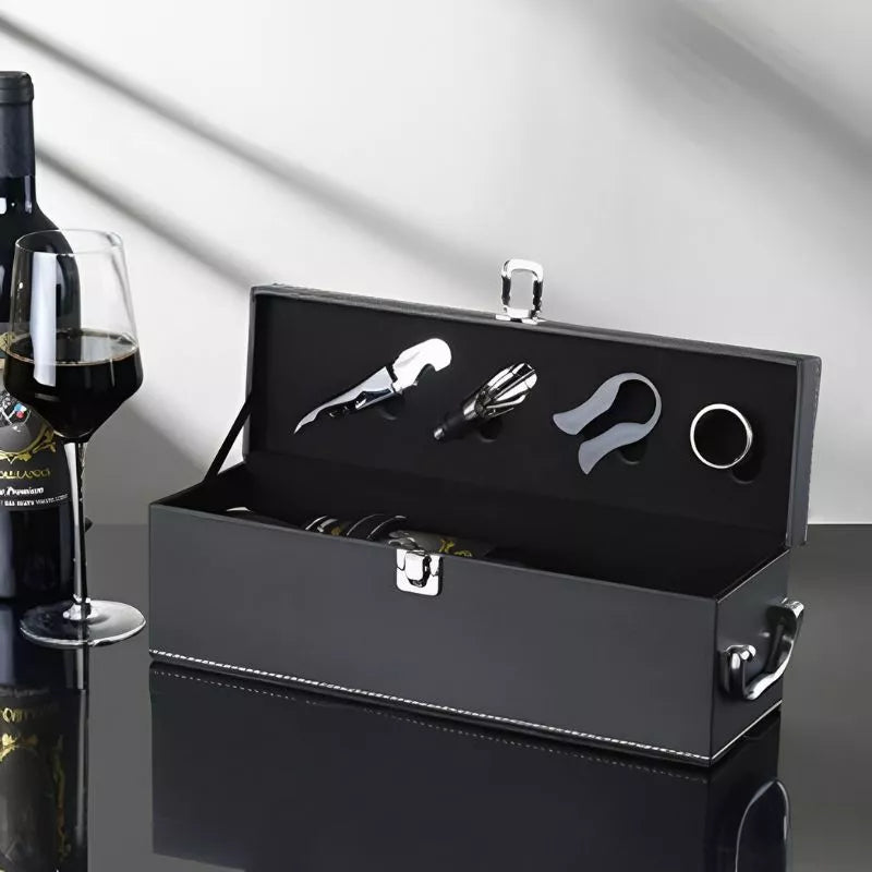 Skrzynka na wino Vinic 1 butelka z akcesoriami skóra ekologiczna czarna