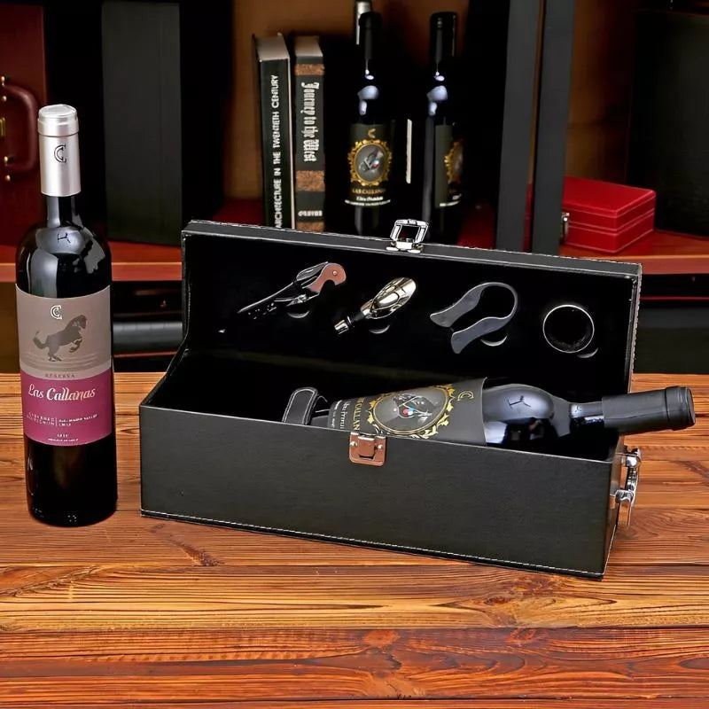 Skrzynka na wino Vinic 1 butelka z akcesoriami skóra ekologiczna czarna