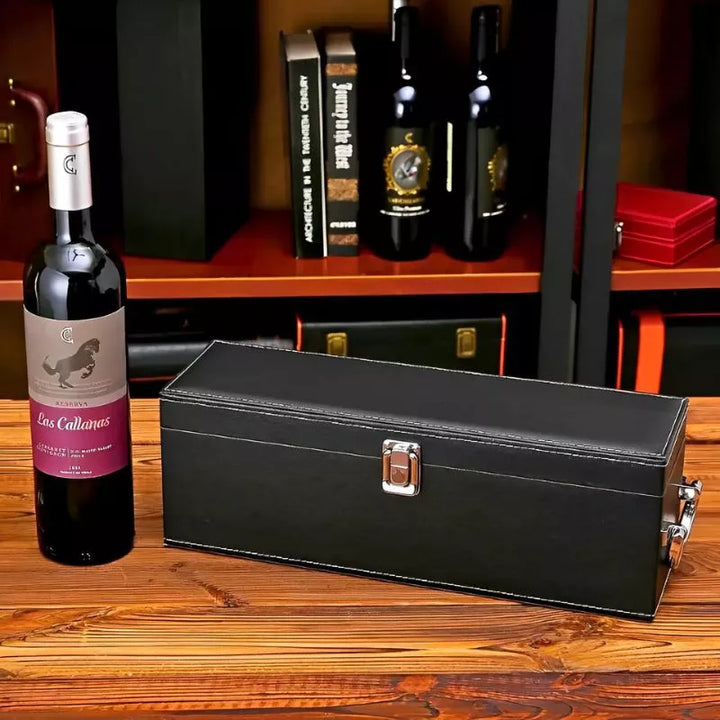 Skrzynka na wino Vinic 1 butelka z akcesoriami skóra ekologiczna czarna