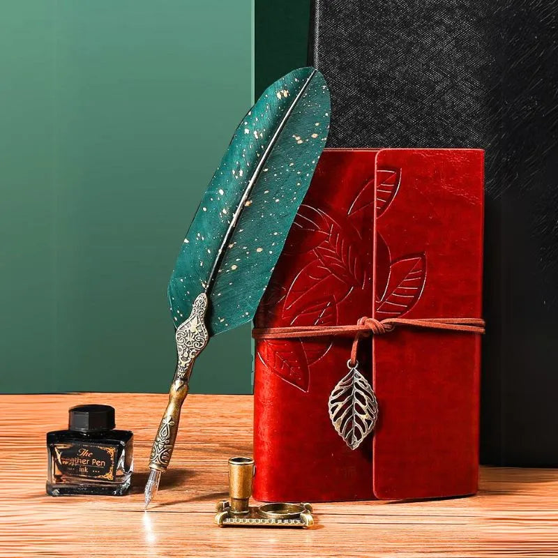 Zestaw Kaligraficzny Vintage Z Notesem I Zielonym Piórem