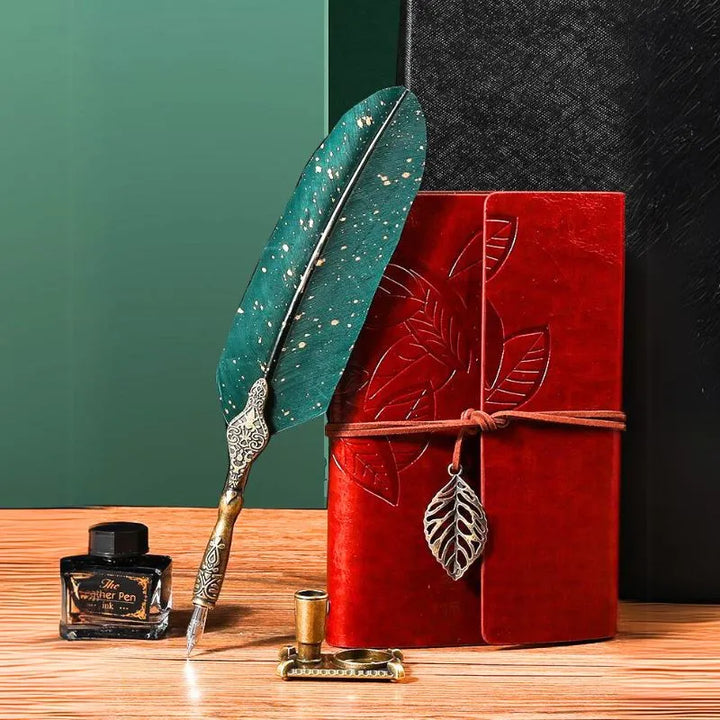 Zestaw Kaligraficzny Vintage Z Notesem I Zielonym Piórem