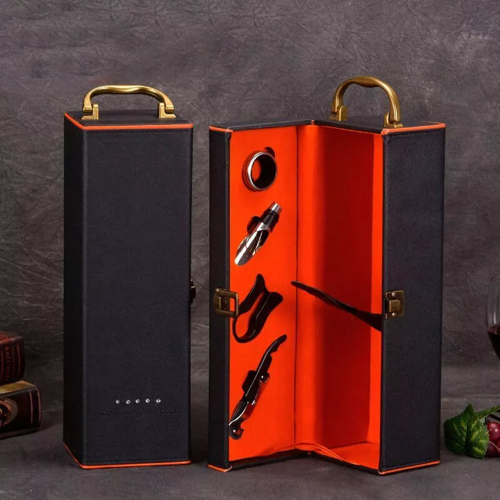 Pudełko na wino Deluxe na 1 butelkę z akcesoriami w zestawie wnętrze pomarańczowe