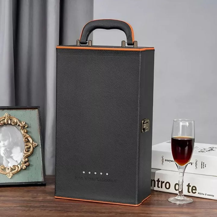 Luksusowa skrzynka na 2 butelki wina z akcesoriami wnętrze pomarańczowe