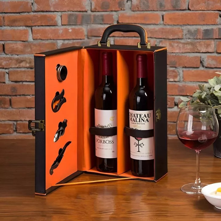 Luksusowa skrzynka na 2 butelki wina z akcesoriami wnętrze pomarańczowe